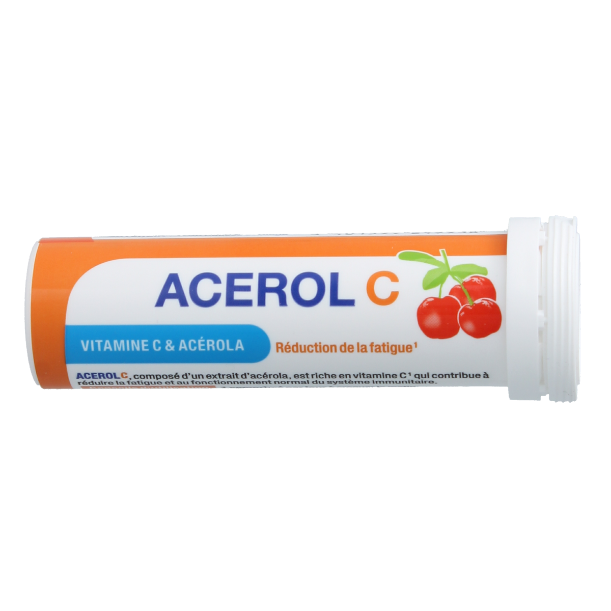 Nutergia Acerol C tubes with 15 vitamin tablets, showing the packaging and tablets inside.