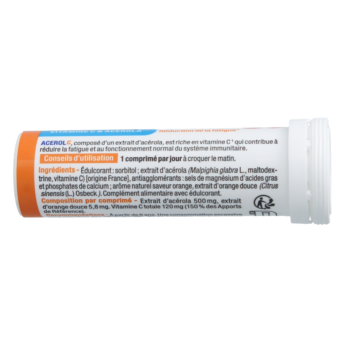 Nutergia Acerol C tubes with 15 vitamin tablets, showing the colorful packaging and tablets inside.