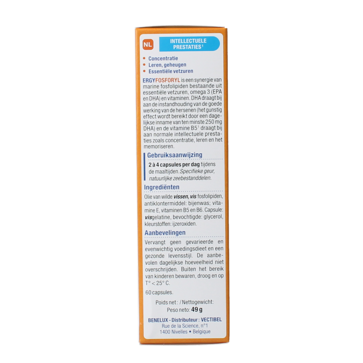 Nutergia Ergyfosforyl Vetzuren capsules in a bottle, dietary supplement for energy support, with label showing product details.