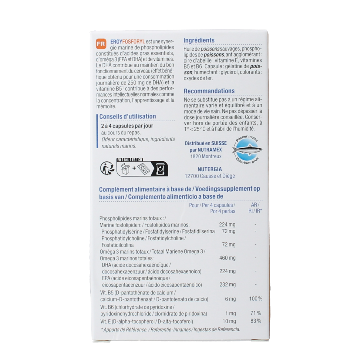 Nutergia Ergyfosforyl Vetzuren capsules in a blister pack, dietary supplement for energy support and nutritional health.