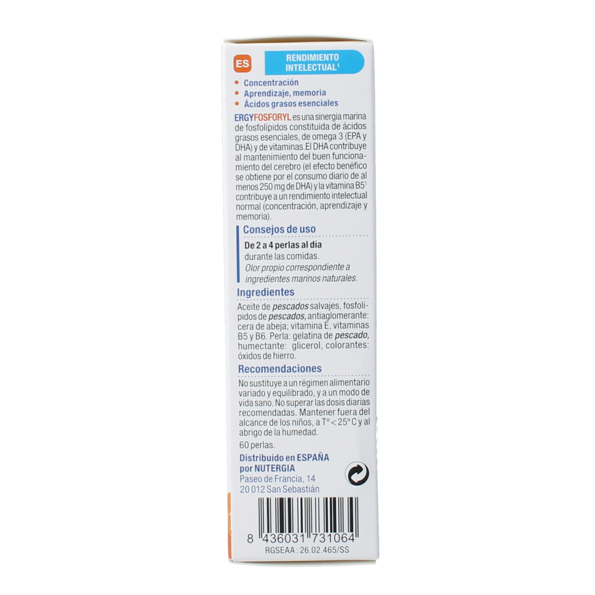 Nutergia Ergyfosforyl Vetzuren capsules in a bottle, showing the supplement packaging and capsules inside.