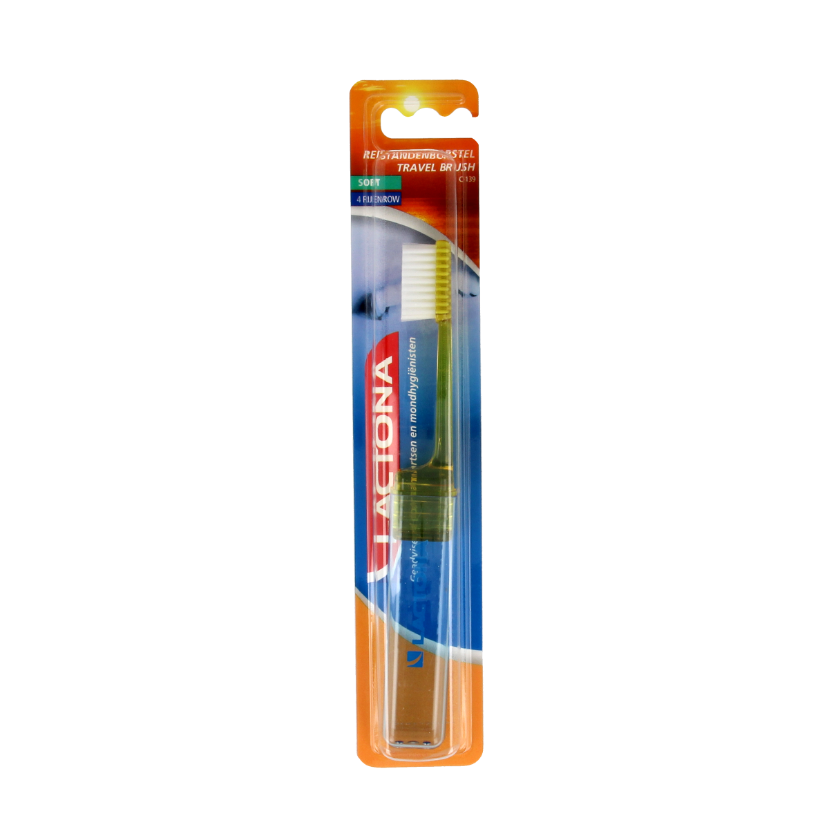 Lactona Reisborstel C139 nylon travel toothbrush with soft bristles, compact design, ideal for on-the-go oral hygiene.