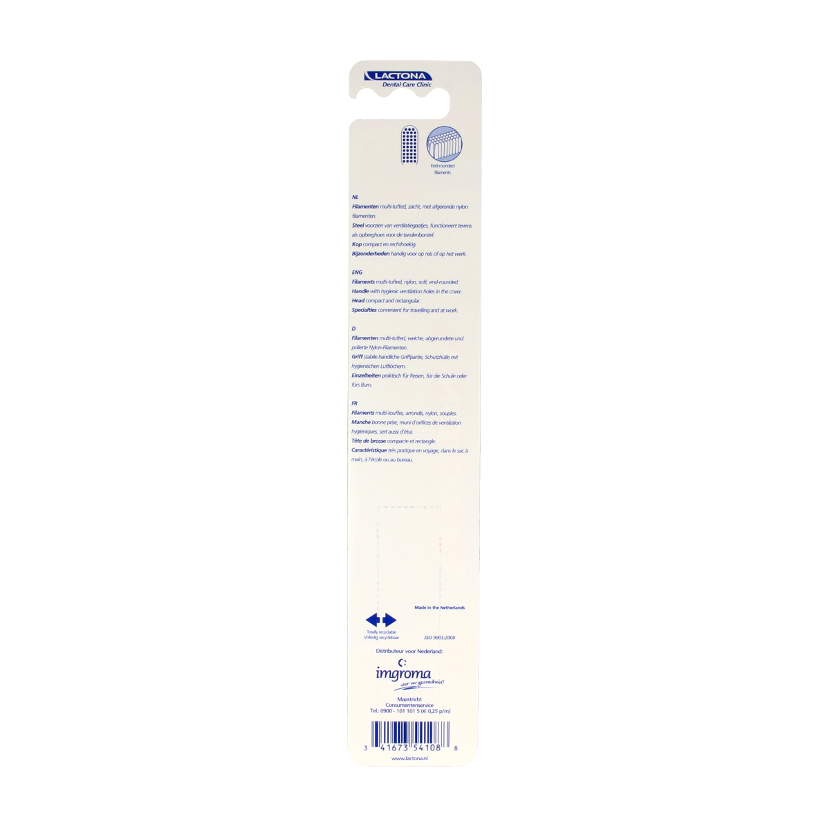 Lactona Reisborstel C139 nylon travel toothbrush with compact design and blue handle, suitable for on-the-go oral care.