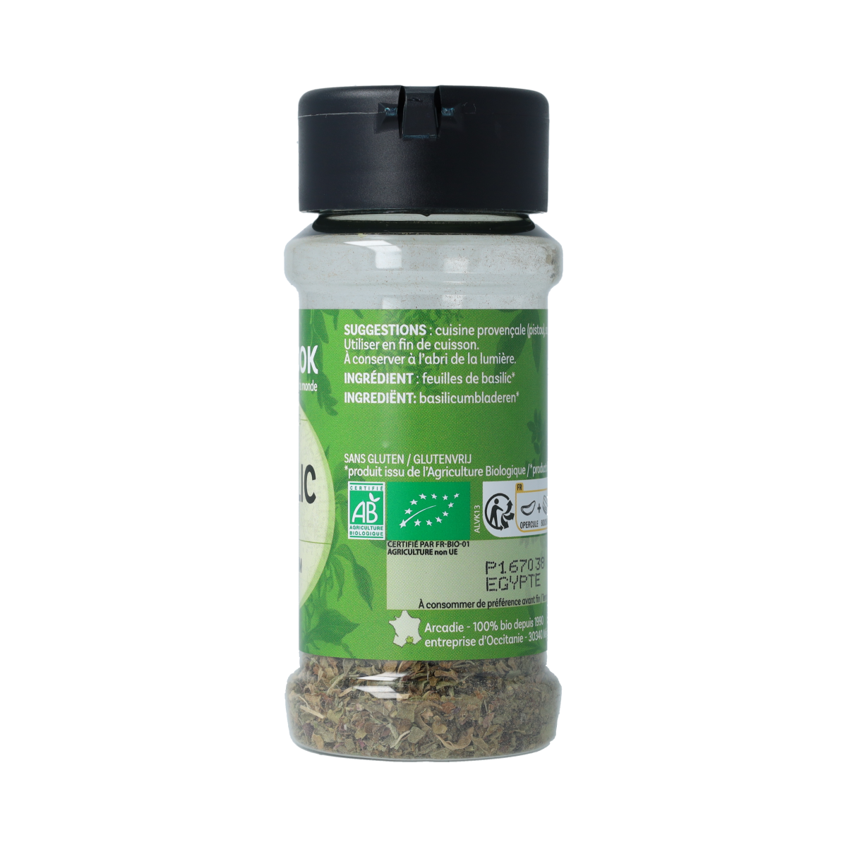 Cook Basilicum bio 15g, fresh organic basil herbs in a clear container, perfect for cooking and seasoning dishes.