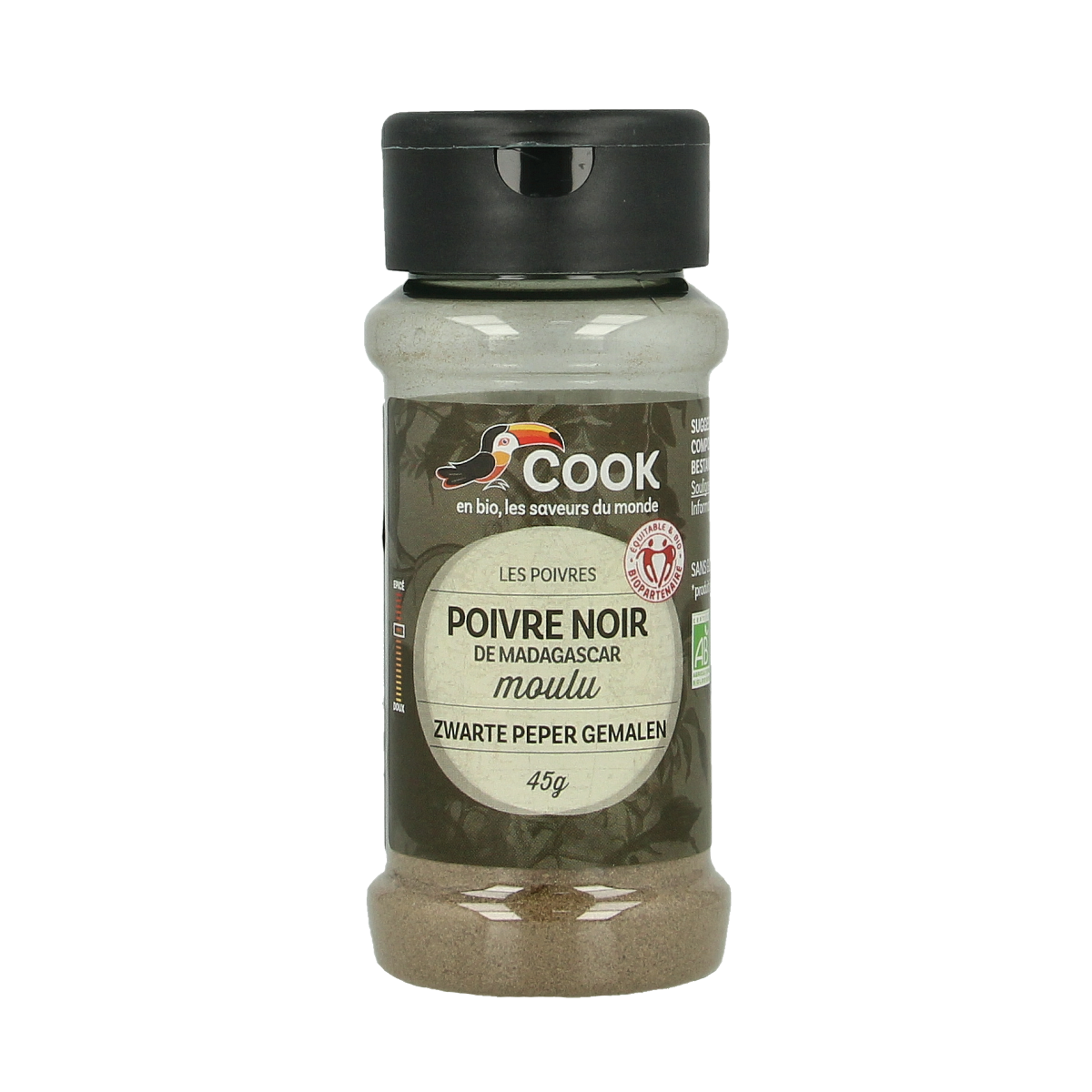 Cook organic ground black pepper in a 45g container, ideal for seasoning dishes with fresh, aromatic spice.