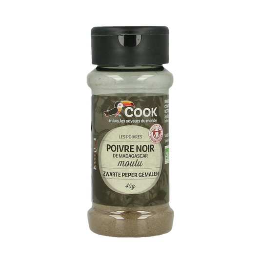 Cook organic ground black pepper in a 45g container, ideal for seasoning dishes with fresh, aromatic spice.