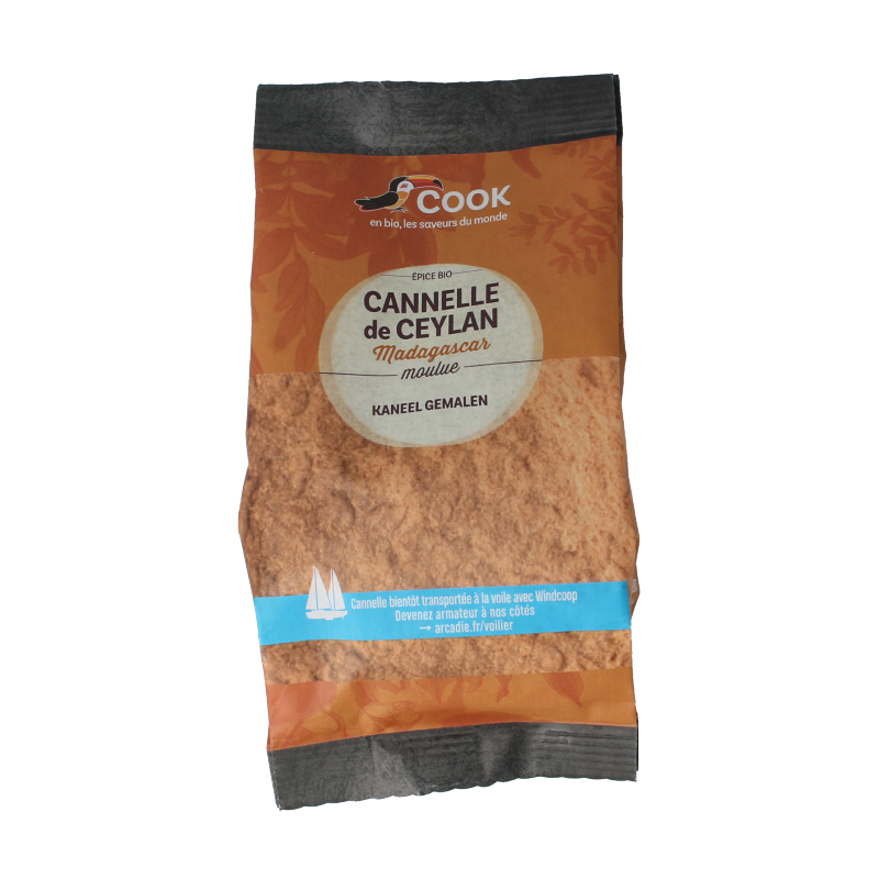 Cook Kaneel gemalen bio 100g, organic ground cinnamon spice in a clear container, ideal for baking and cooking.