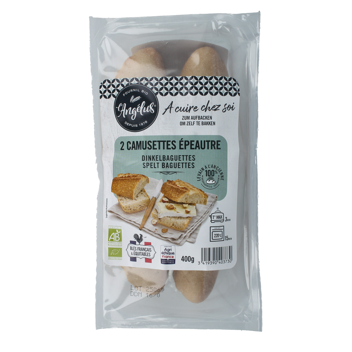 Langelus Camusettes spelt bio bread and crackers package, organic spelt bread and crackers from the Langelus brand.