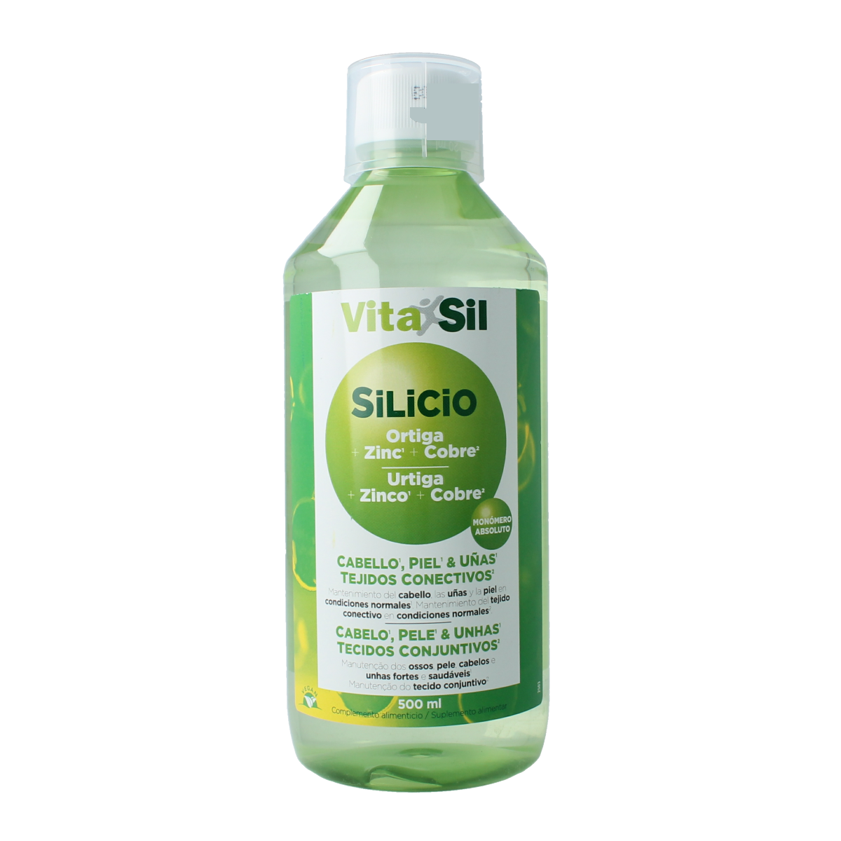 Vitasil Haar huid en nagels kruidenpreparaat in 500ml fles, visible label and packaging