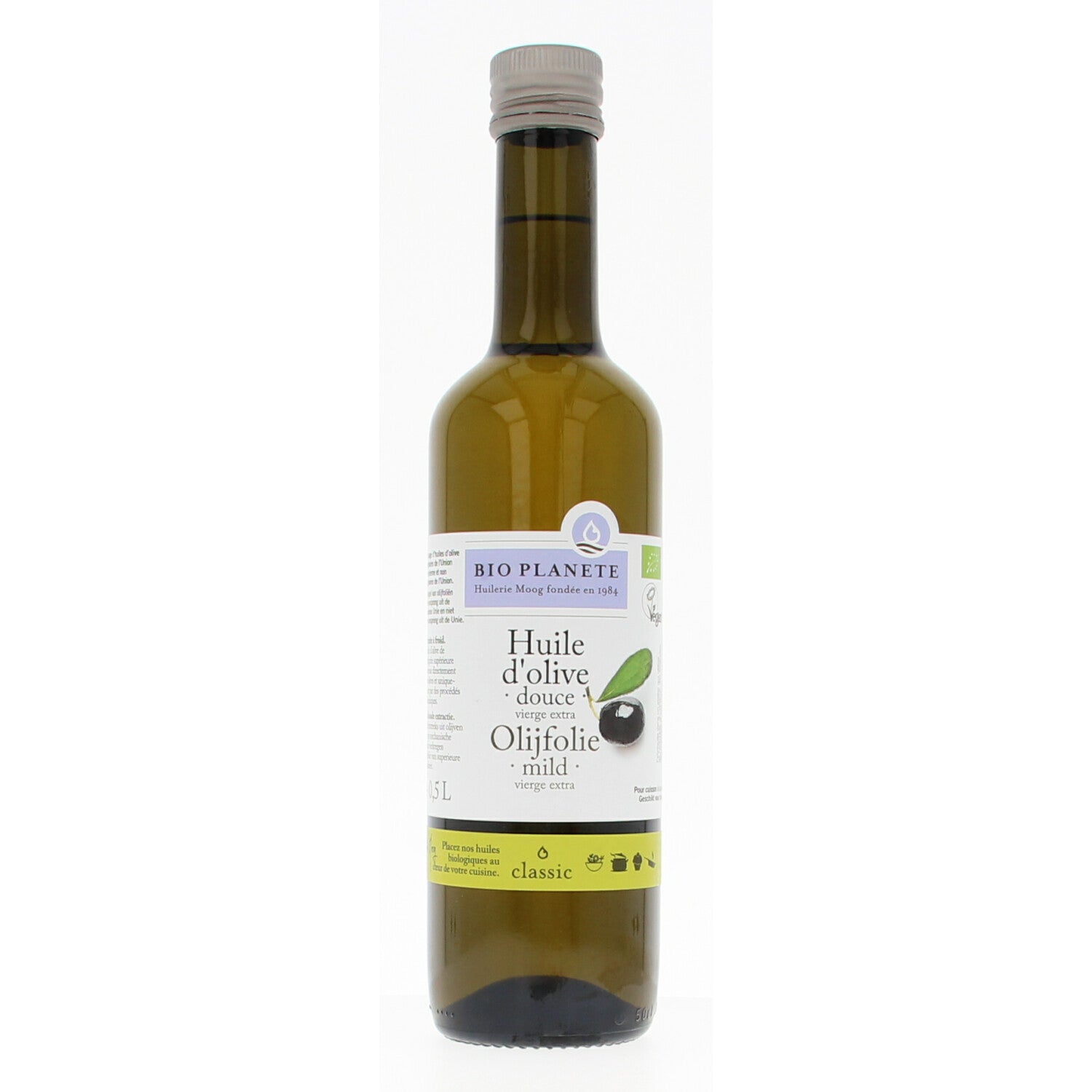 Bio Planete extra virgin organic olive oil in a 500ml bottle, natural and high-quality olive oil for cooking and dressings.