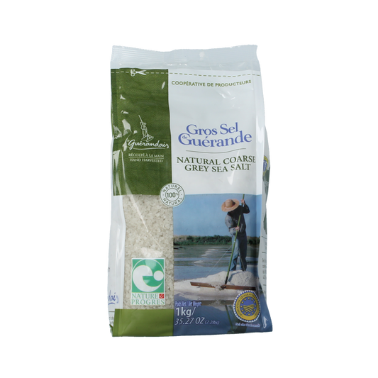 Le Guerandais Keltisch zeezout grof, 1 kg, coarse Celtic sea salt for culinary use, from Le Guerandais brand.