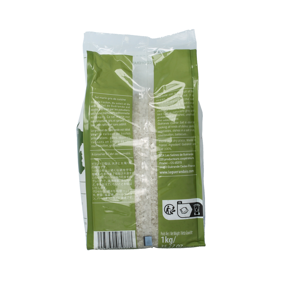 Le Guerandais Keltisch zeezout grof, 1 kg, natural coarse Celtic sea salt for culinary use, shown in a clear container.