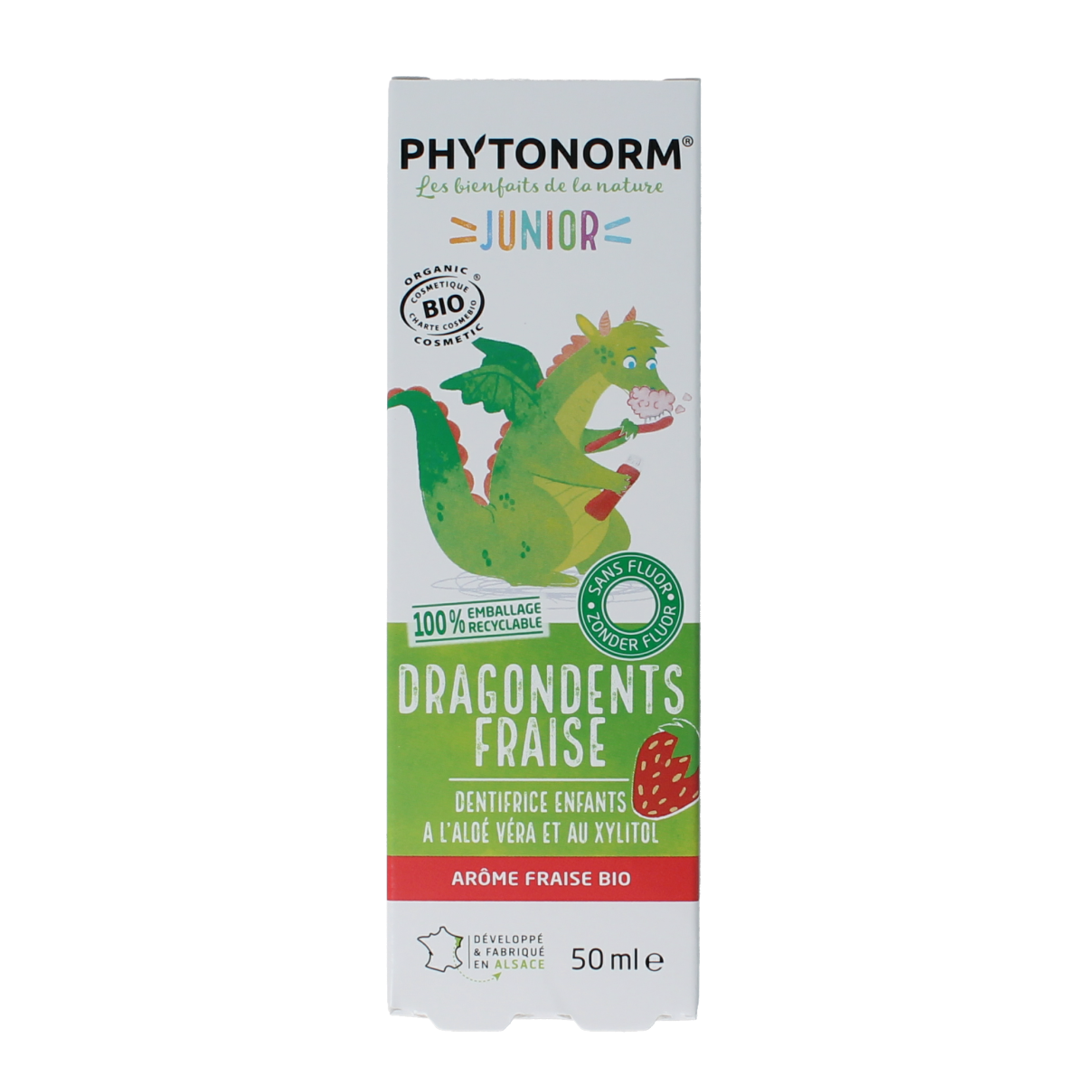 Phytonorm Dragondent strawberry toothpaste for kids in 50ml tube, featuring colorful packaging and dragon-themed design.