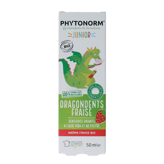 Phytonorm Dragondent strawberry toothpaste for kids in 50ml tube, featuring colorful packaging and dragon-themed design.