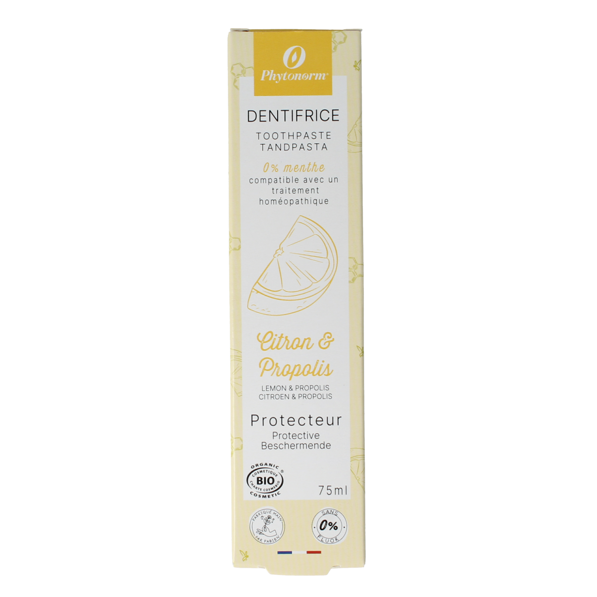 Aprolis citron and propolis toothpaste in 75ml tube, showing the packaging and branding for oral care.
