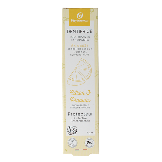 Aprolis citron and propolis toothpaste in 75ml tube, showing the packaging and branding for oral care.