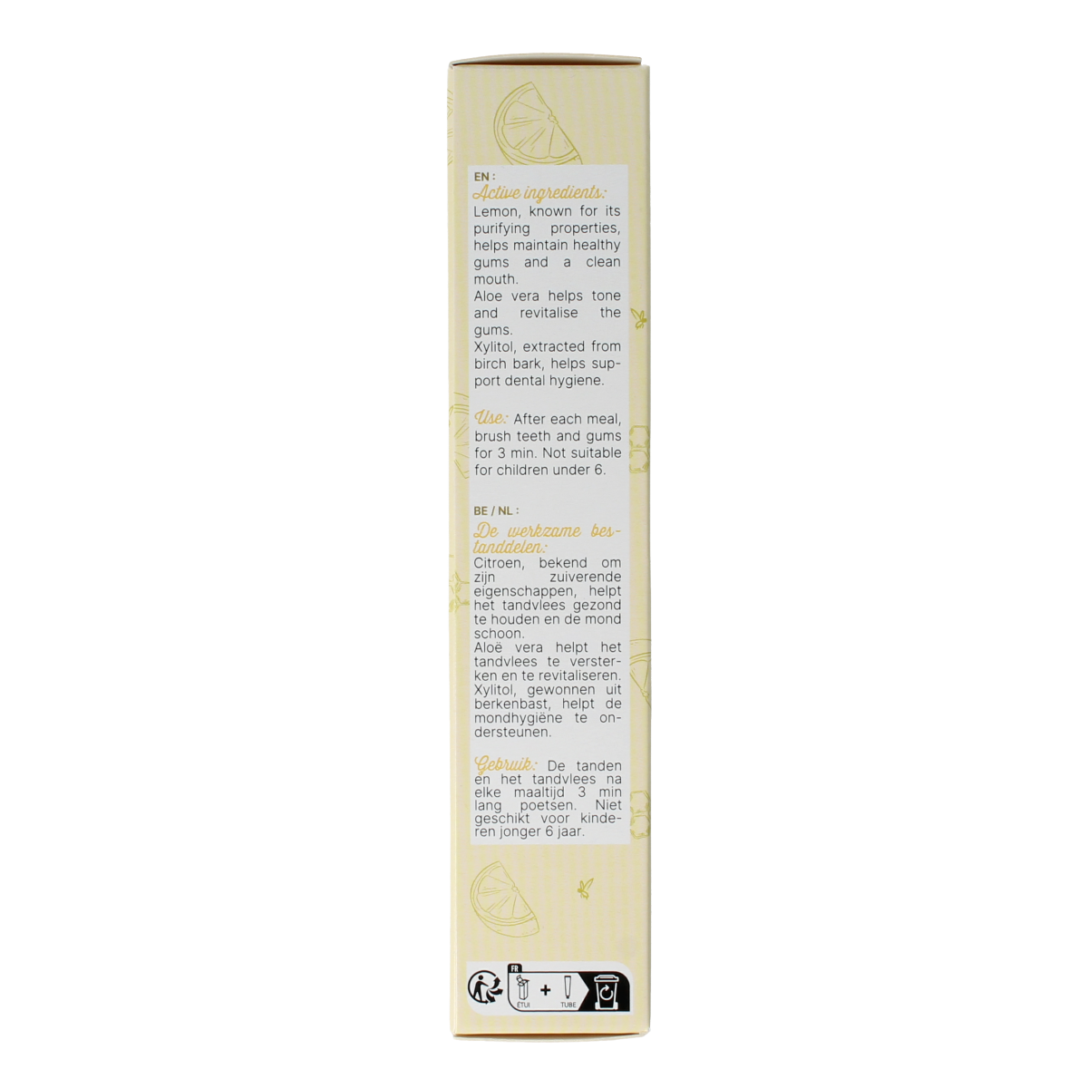 Aprolis citron and propolis toothpaste in a 75ml tube, featuring lemon and propolis ingredients for oral care.