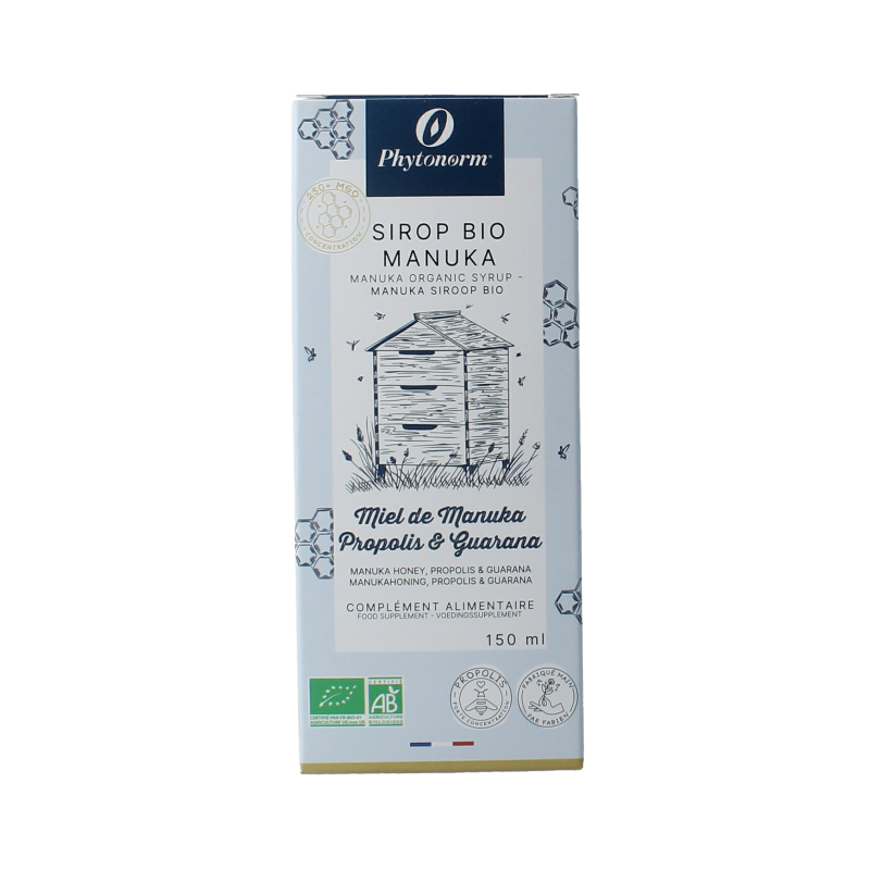 Phytonorm Manukahoning propolis and guarana herbal syrup in a 150ml bottle, natural remedy from Phytonorm.