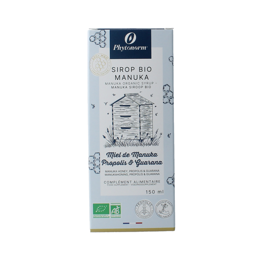 Phytonorm Manukahoning propolis and guarana herbal syrup in a 150ml bottle, natural remedy from Phytonorm.