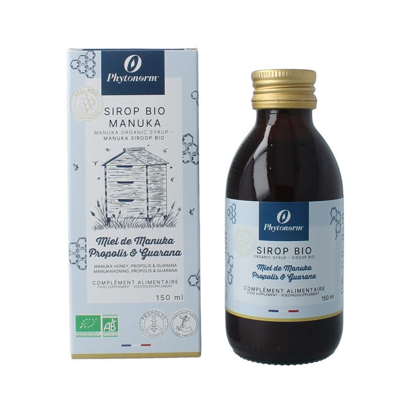 Phytonorm Manukahoning propolis en guarana siroop in 150ml fles, biologisch kruidpreparaat met honing en natuurlijke ingrediënten