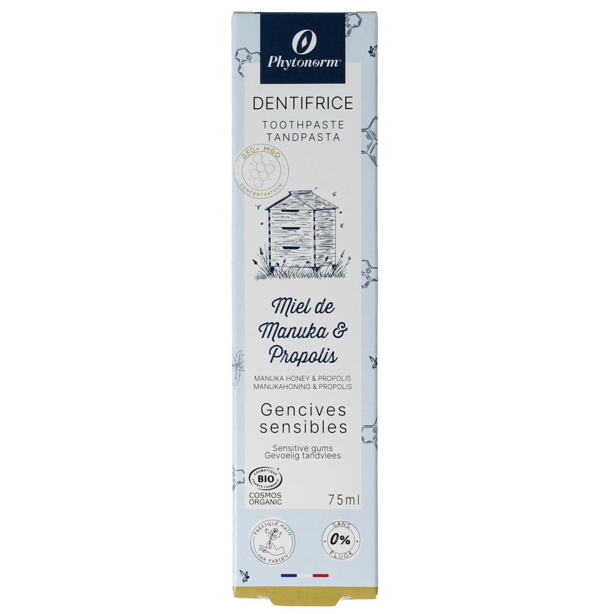Phytonorm Manuka & Propolis toothpaste in 75ml tube, natural oral care product with herbal ingredients, displayed on a white background.