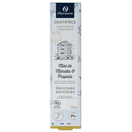 Phytonorm Manuka & Propolis toothpaste in 75ml tube, natural oral care product with herbal ingredients, displayed on a white background.