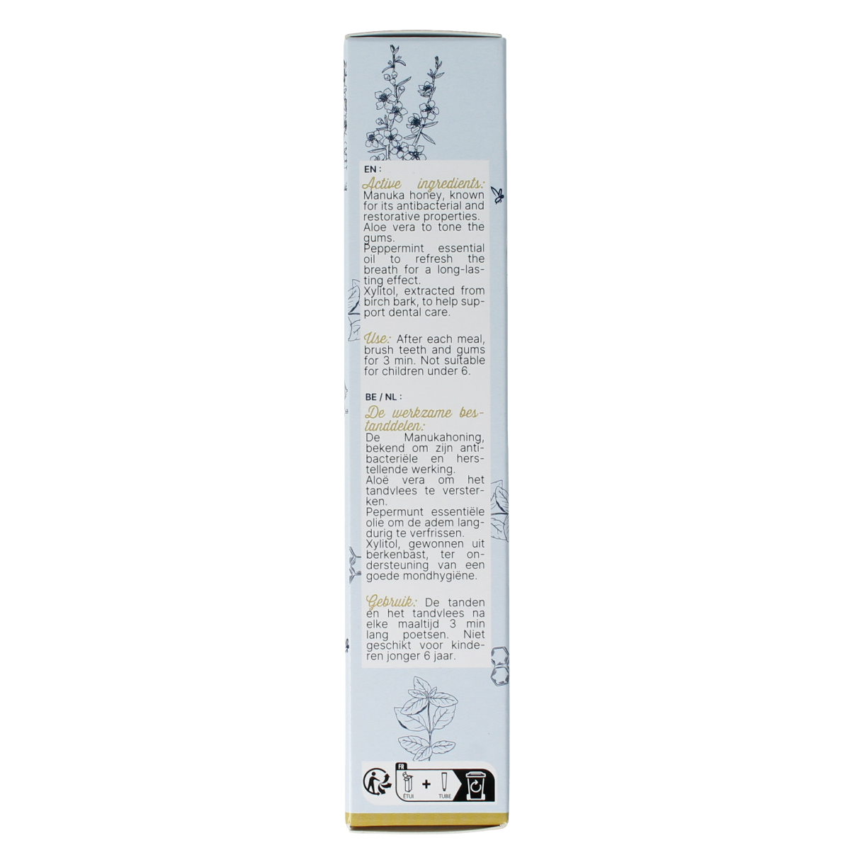 Phytonorm Manuka and propolis toothpaste 75ml, natural oral care product in a white tube with green and yellow accents.