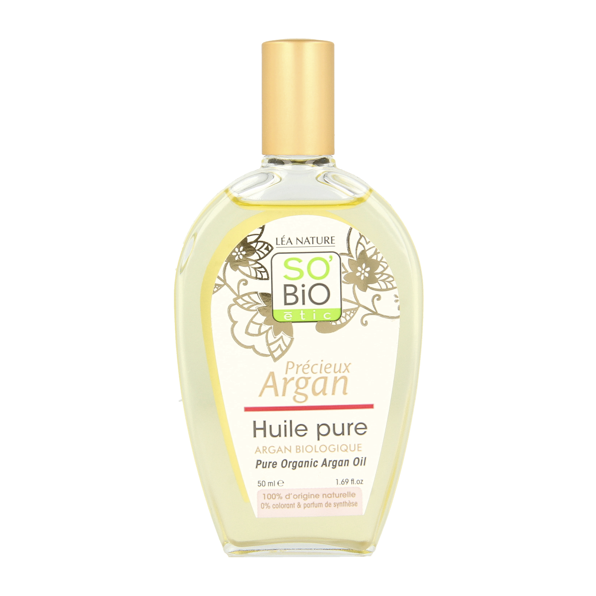 So Bio Etic Argan pure oil 50ml for facial skincare, showing a clear bottle of nourishing argan oil with a white label.