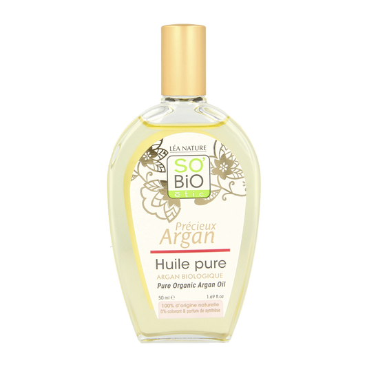 So Bio Etic Argan pure oil 50ml for facial skincare, showing a clear bottle of nourishing argan oil with a white label.