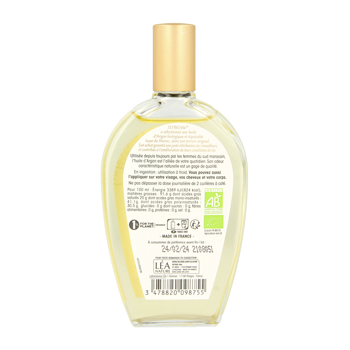 So Bio Etic Argan pure oil 50ml for facial skincare, displayed in a clear glass bottle with a pump dispenser.