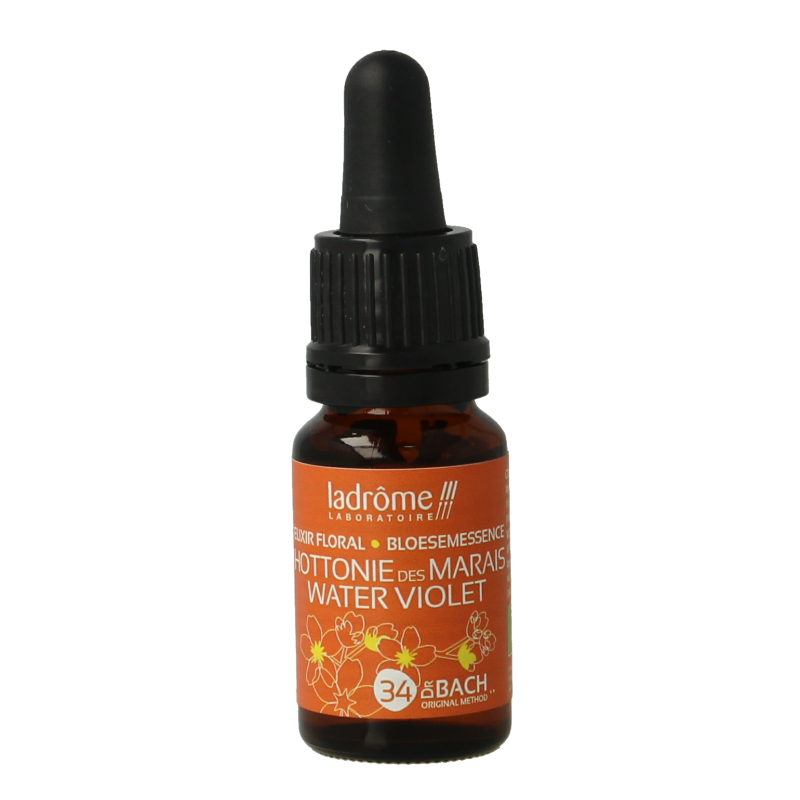 Ladrome Water Violet Bio herbal supplement in 10ml bottle, natural Kruidenpreparaten product with flower and herbal packaging.