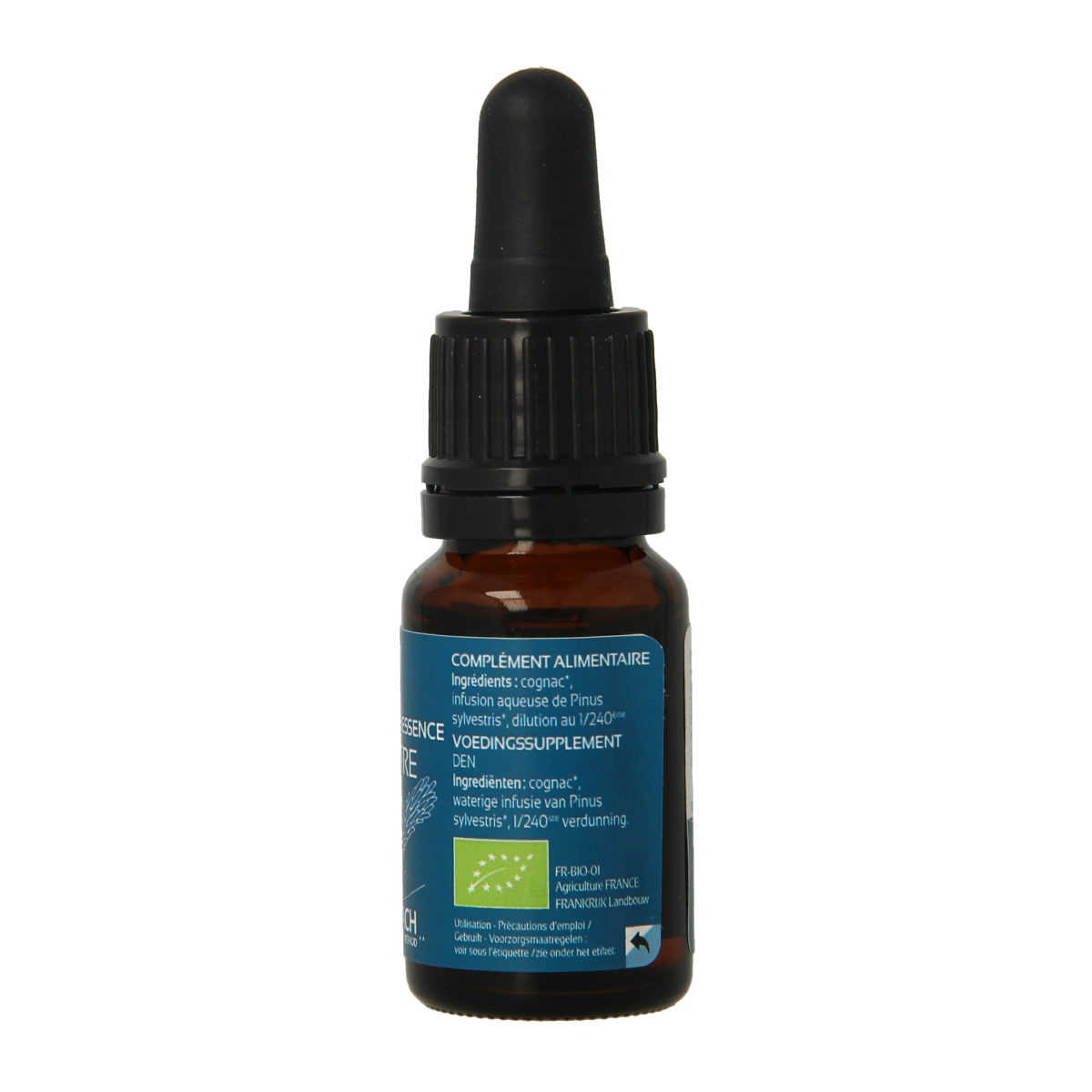Ladrome Pine / Den 24 bio essential oil bottle, 10ml, with pine tree illustration on the label.