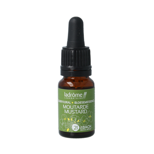 Ladrome Mustard bio 10ml bottle, organic herbal preparation with mustard seeds, natural health supplement, small glass container