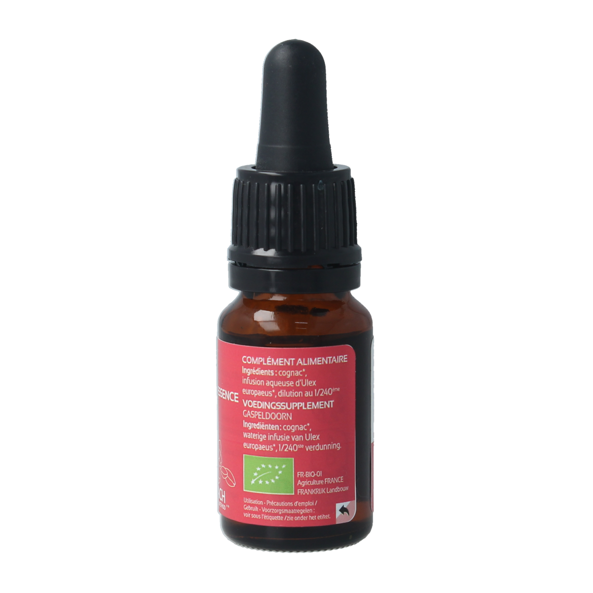 Ladrome Gorse bio herbal supplement bottle with label, 10 ml, natural plant remedy for herbal preparation.