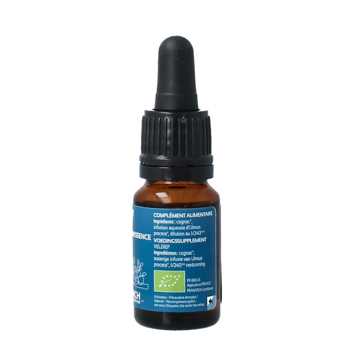 Ladrome Bloesemessence Elm bio 10 ml herbal extract bottle with a white label and black cap, displayed on a white background.