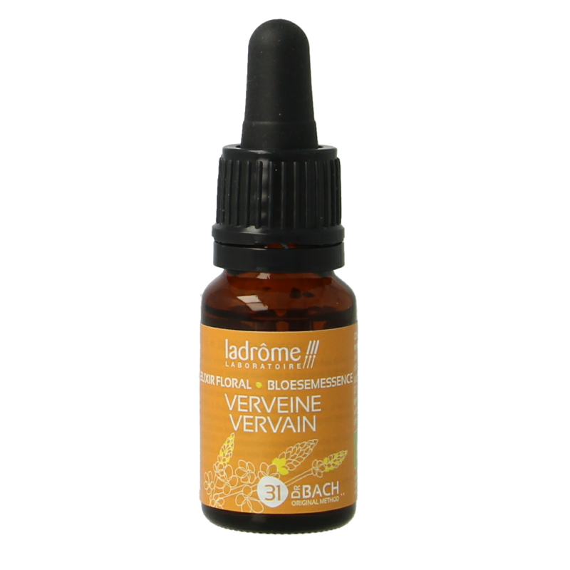 Ladrome Vervain bio herbal preparation in a 10ml bottle, featuring fresh vervain leaves and natural botanical ingredients.