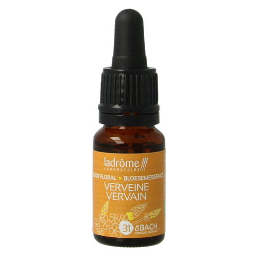 Ladrome Vervain bio herbal preparation in a 10ml bottle, featuring fresh vervain leaves and natural botanical ingredients.