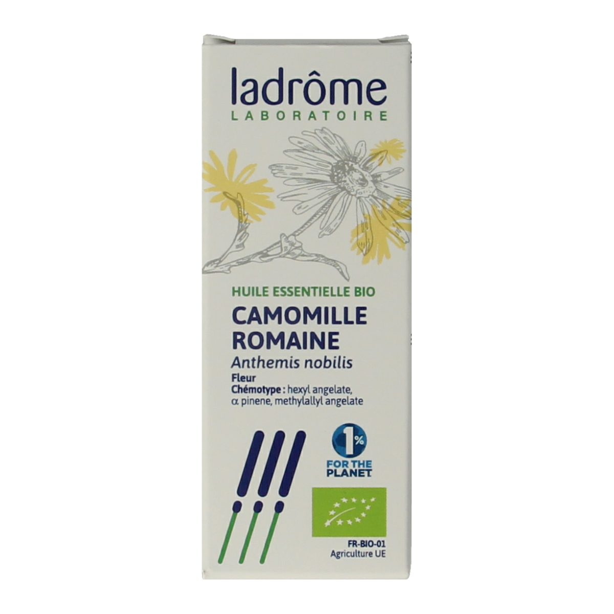 Ladrome Roomse kamille bio herbal remedy in a 5ml bottle, featuring chamomile flowers for natural herbal preparation.
