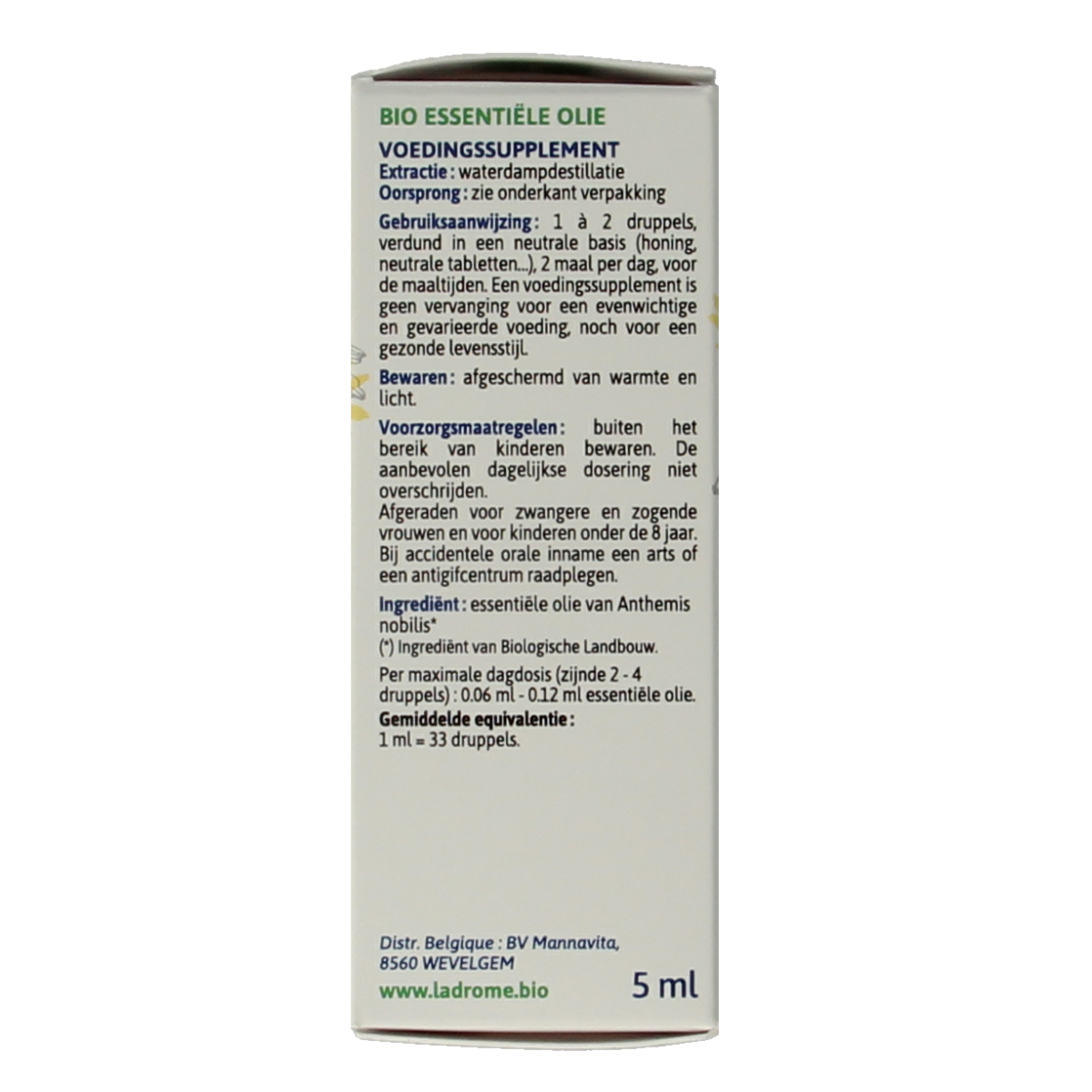 Ladrome Roomse Kamille Bio herbal preparation bottle, 5ml, featuring chamomile flowers and natural herbal ingredients.