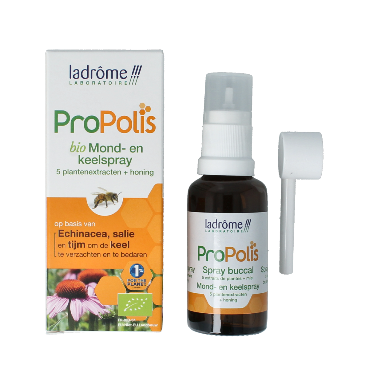 Ladrome Propolis keel- en mondspray bio in 30ml bottle, herbal remedy for sore throat and oral health, from Ladrome.