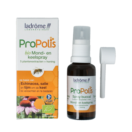Ladrome Propolis keel- en mondspray bio in 30ml bottle, herbal remedy for sore throat and oral health, from Ladrome.
