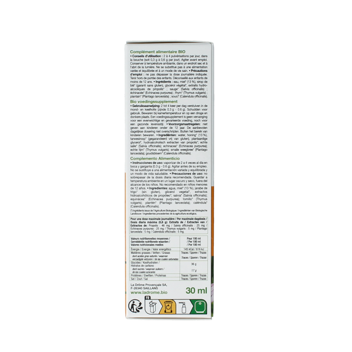 Ladrome Propolis keel- en mondspray bio in 30ml bottle, herbal throat spray with propolis for soothing mouth and throat.