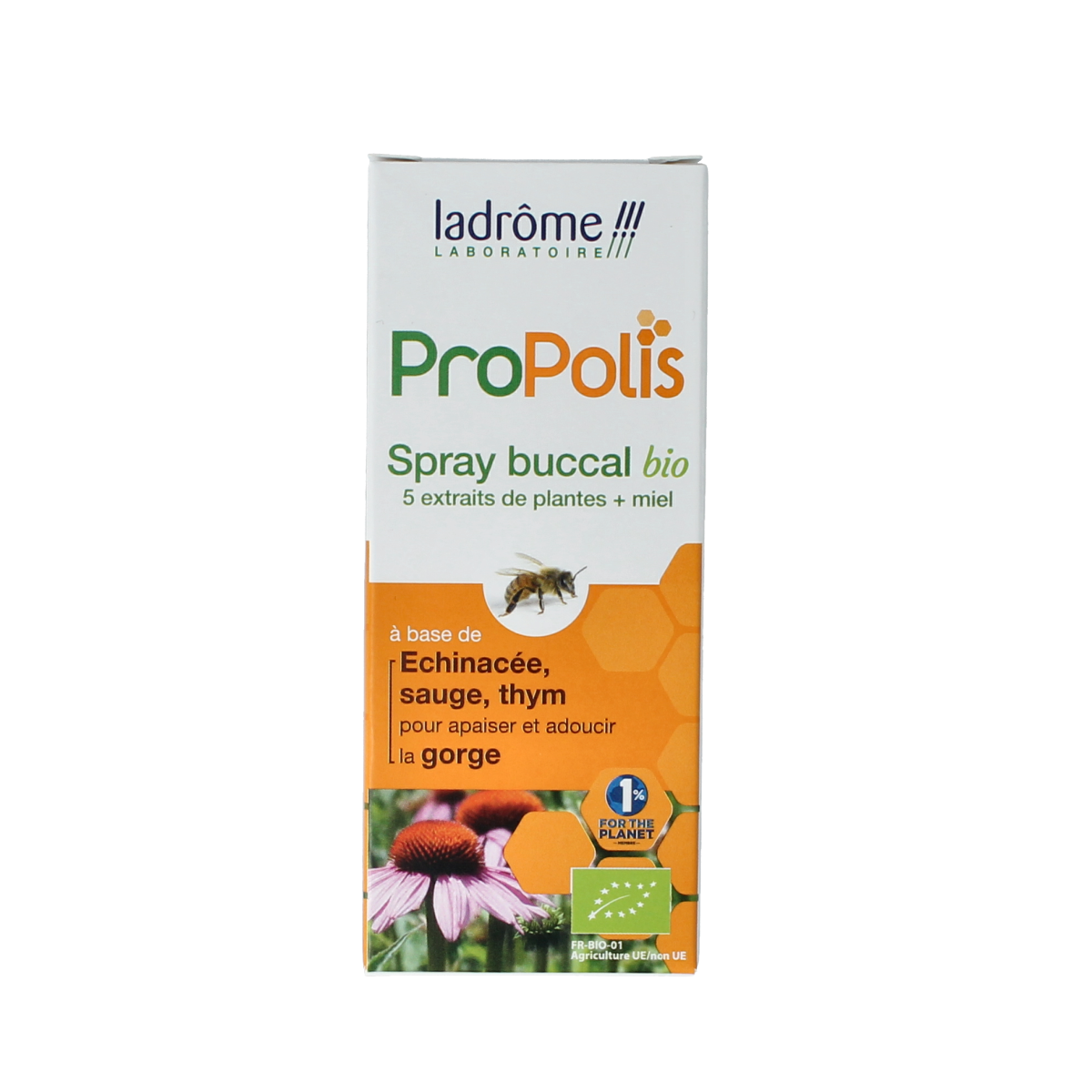 Ladrome Propolis keel- en mondspray bio in 30ml bottle, herbal remedy for sore throat and oral comfort.