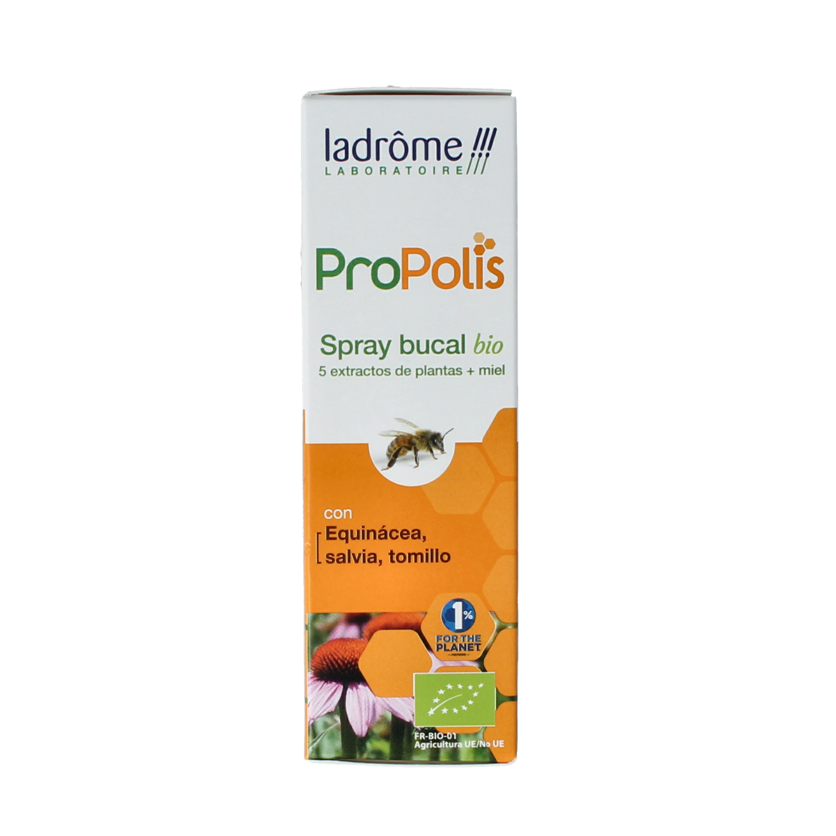 Ladrome Propolis keel- en mondspray bio in 30ml bottle, herbal preparation for throat and mouth relief.
