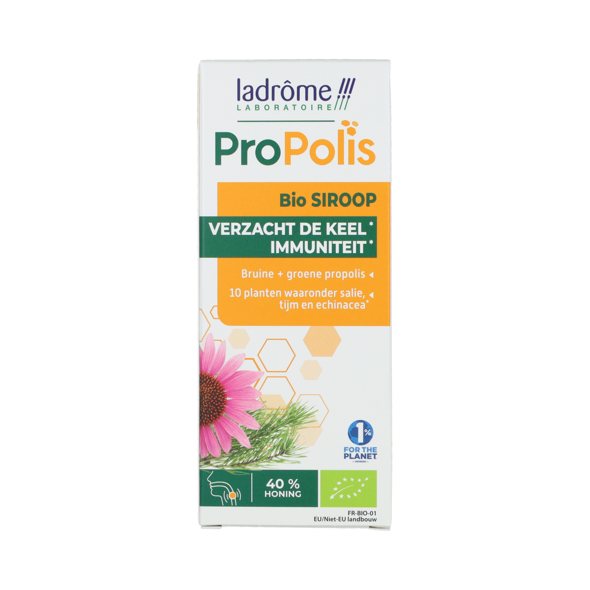 Ladrome Propolis kruidenborstsiroop suikervrij bio in 150ml bottle, herbal remedy with natural ingredients for throat relief.