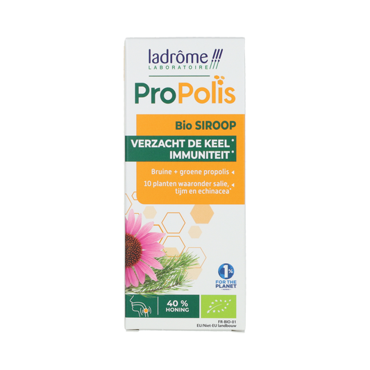 Ladrome Propolis kruidenborstsiroop suikervrij bio in 150ml bottle, herbal preparation for throat comfort.