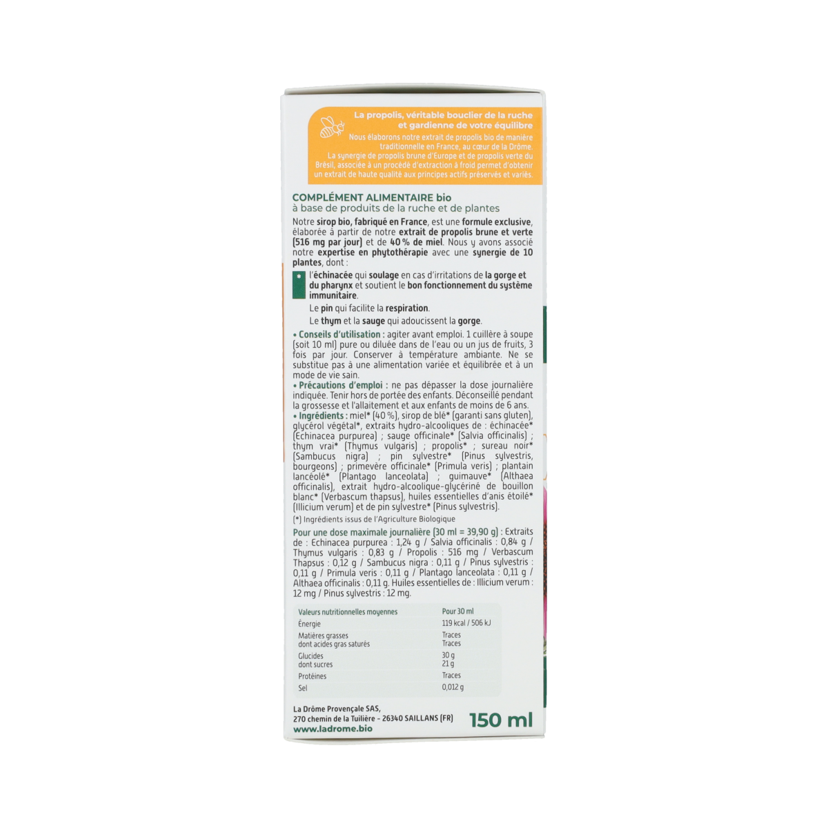 Ladrome Propolis kruidenborstsiroop, suikervrij bio, 150ml, herbal throat remedy with propolis in a glass bottle