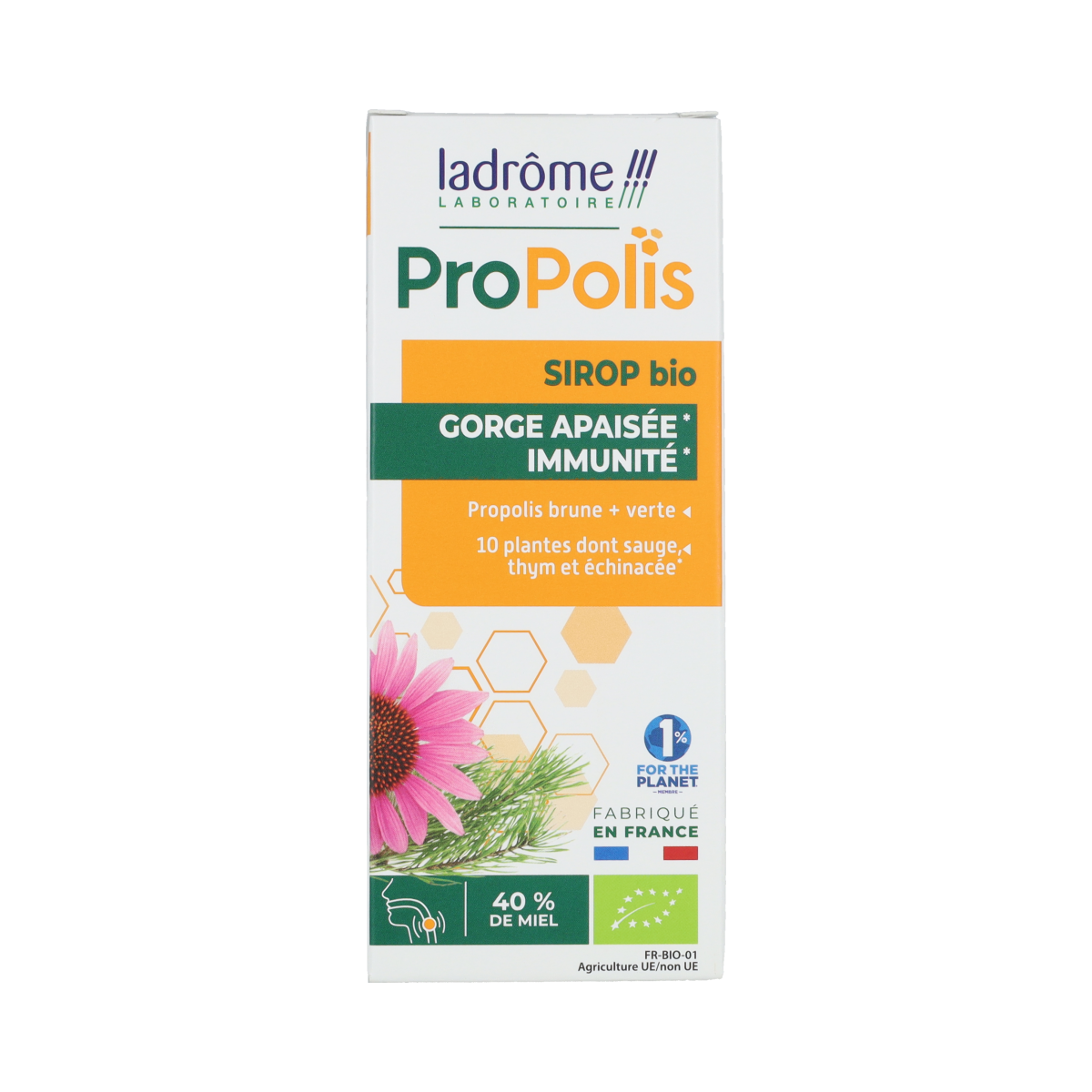 Ladrome Propolis kruidenborstsiroop, suikervrij bio herbal cough syrup in 150ml bottle, natural remedy with propolis and herbs.