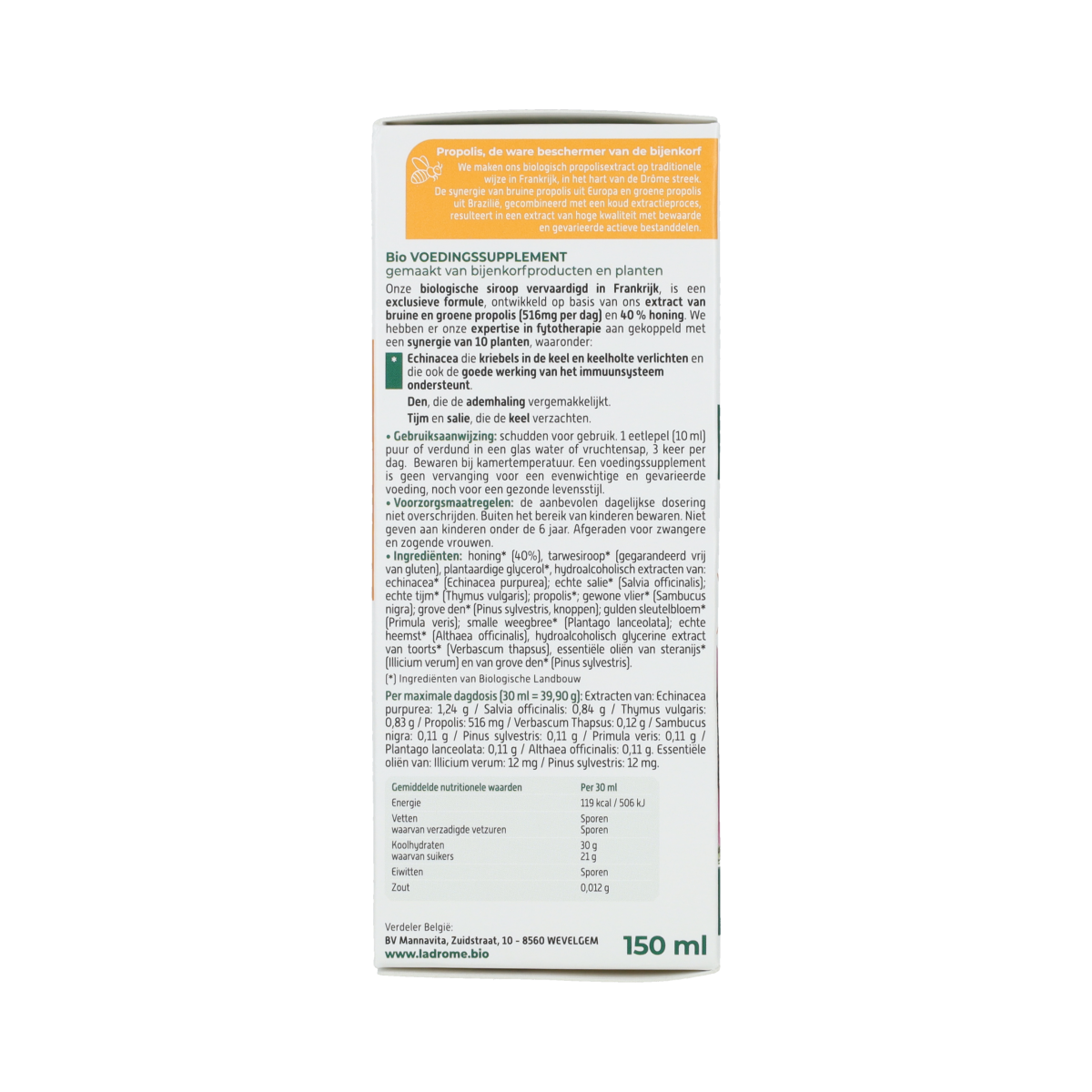 Ladrome Propolis kruidenborstsiroop, suikervrij bio, 150ml, herbal remedy in a glass bottle with herbal ingredients visible.