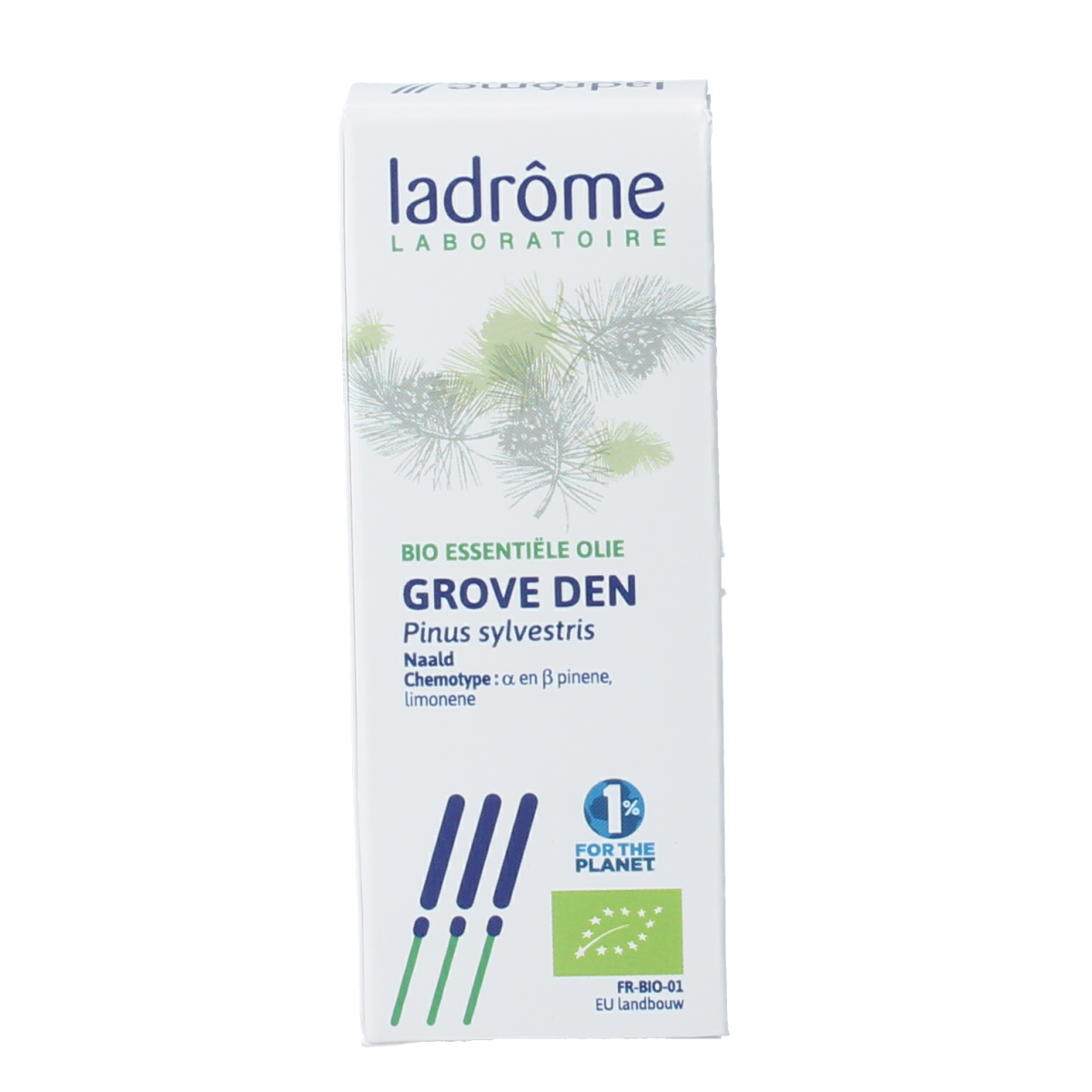 Ladrome Den olie bio 10ml bottle of organic essential oil, with a clear glass container and white cap, on a plain background.